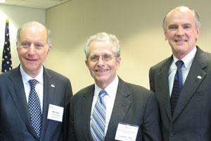 Laurence H. Tribe (center) with LSC Board Chairman John G. Levi (left) and LSC President James J. Sandman.
