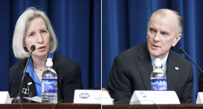 Dean Martha Minow (moderator), Harvard Law School and LSC Board Vice Chair. Right: James J. Sandman, LSC President.