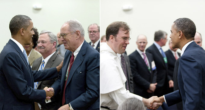 Left: President Barack Obama greets Richard Thornburgh, former Pennsylvania Governor and U.S. Attorney. Right: President Barack Obama greets Father Pius Pietrzyk, LSC Board member.