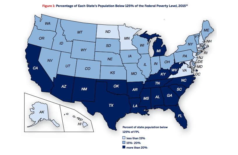 Figure 1: Percentage of each state's population below 125% of the federal poverty level, 2015 [map of United States color-coded by poverty levels]