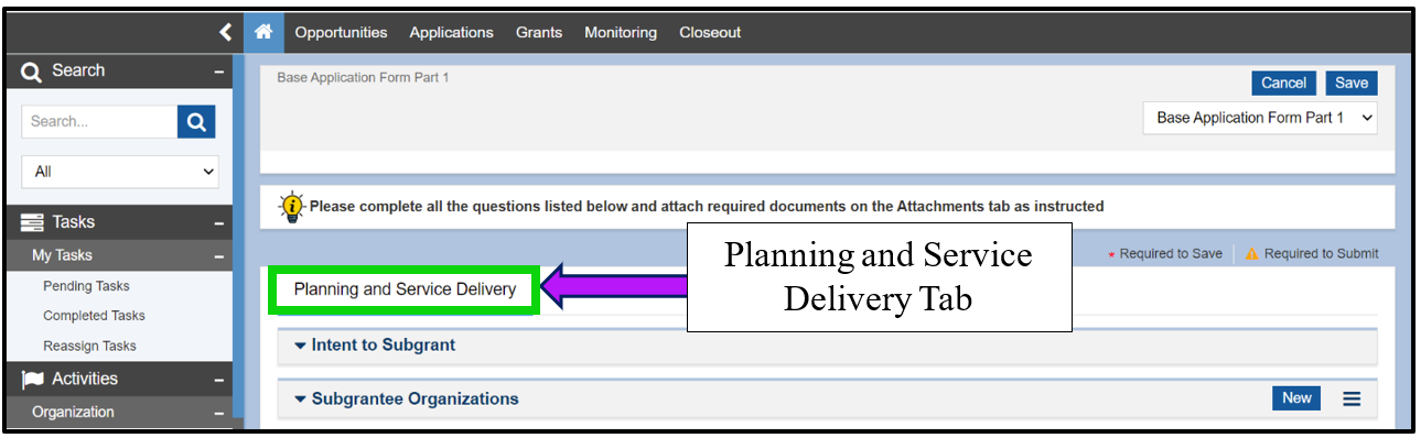 Image of the Base Application Form Planning and Service Delivery Tab